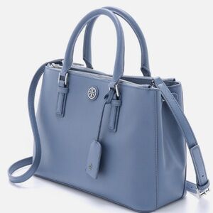 Tory Burch Robinson Double Zip Tote Crossbody Blue Saffiano Leather